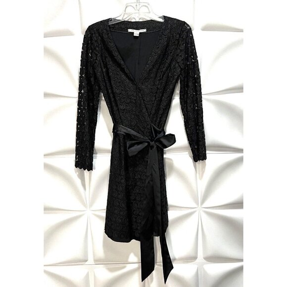 Diane von Furstenberg Sz 8 Black Lace Satin Tie Elegant Formal Wrap Dress RARE - Picture 8 of 14